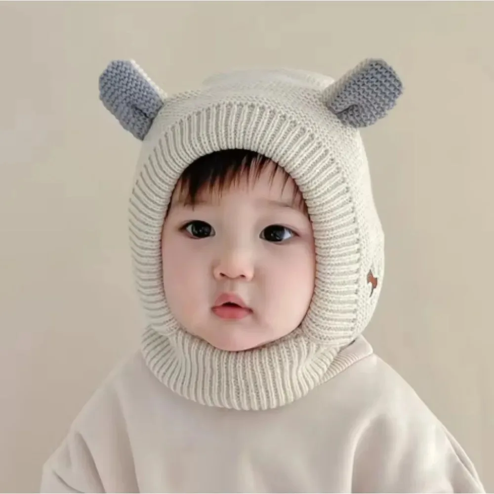Gorro de pasamontañas de punto para bebé, gorro con bufanda de una pieza de dibujos animados, gorros de lana con protección para los oídos cálidos y gruesos para invierno