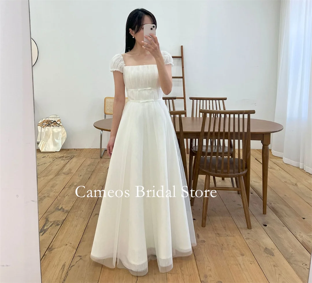 

SONDR Square Neck Fashion Korea Ruched Wedding Dresses Photo Shoot VINTAGE Elegant A-Line Short Sleeves Custom Bridal Gown