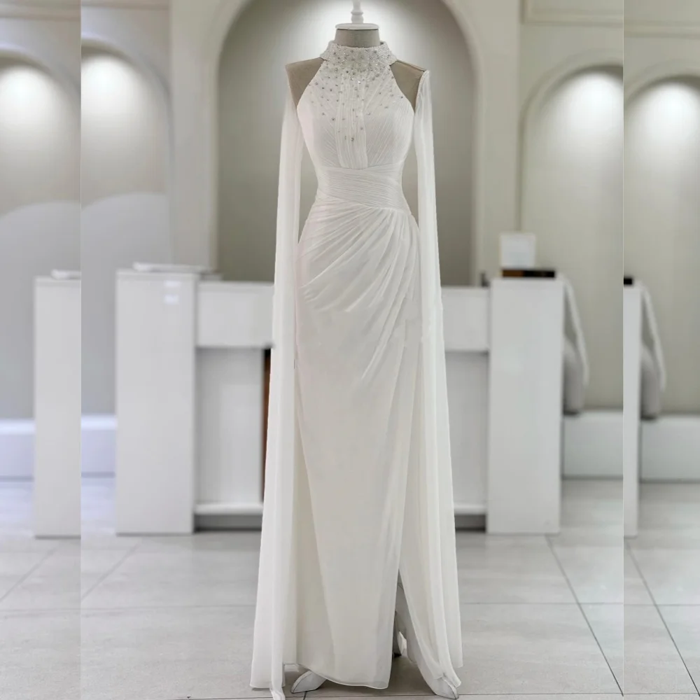 

Индивидуальные высококачественные шифоновые плиссированные длинные платья трапециевидной формы с блестками и воротником на заказ