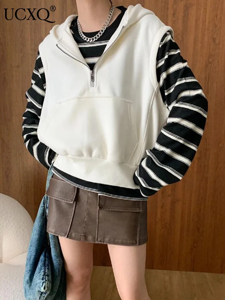 

UCXQ Fashion Casual Sweatshirt American Retro Pullover Hooded Sleeveless Loose All Match Casual Top Women 2024 Spring Summer 983