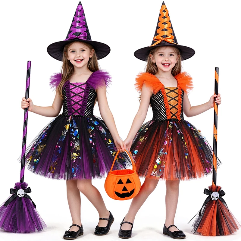 Kids Sparkly Mesh Witch Fancy Dress for Girls Halloween Celebration Party Carnival Cosplay Witch School Parade Children Costume