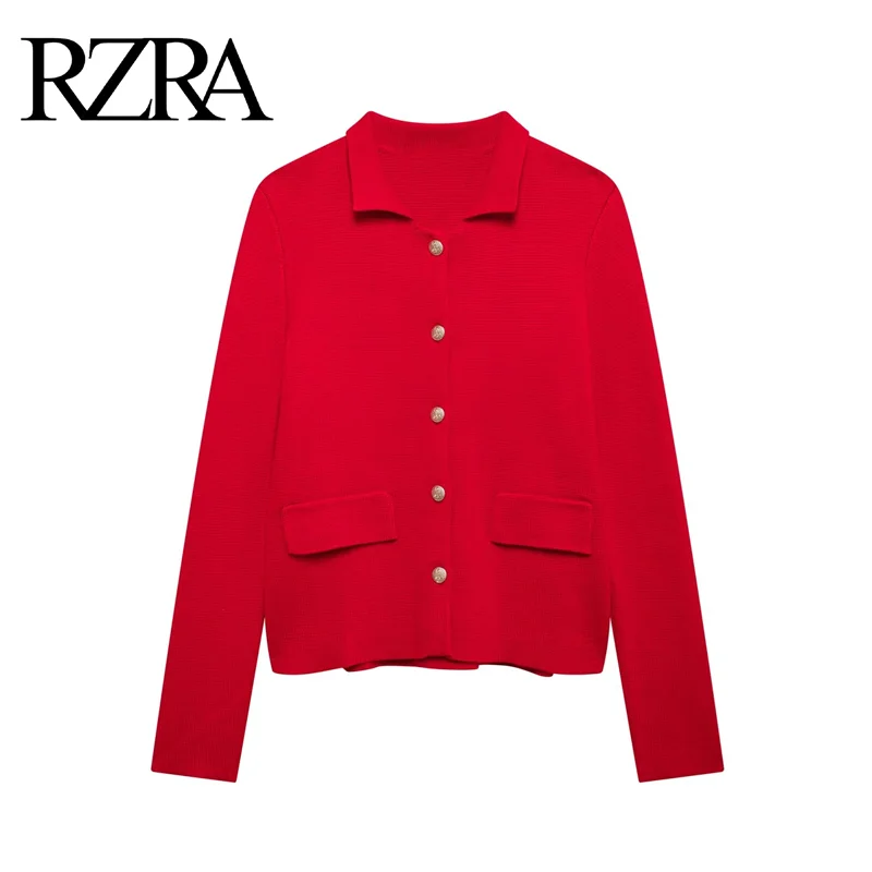 RZRA2024 autumn new women's commuter lapel long-sleeved flap pocket metal button-decorated knitted sweater jacket