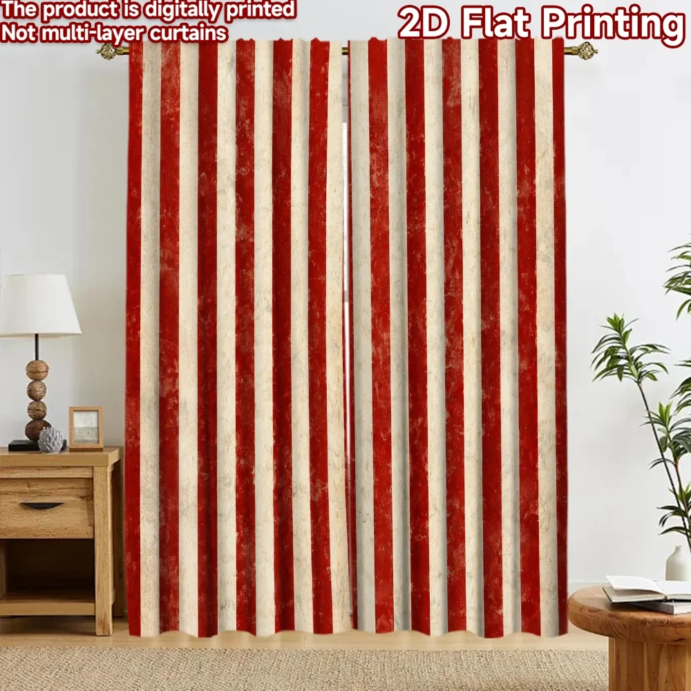 2D flat 2pcs Curtain Modern Minimalist Style Curtains Vintage Red White Stripes Digitally printed polyester, colorfast Party