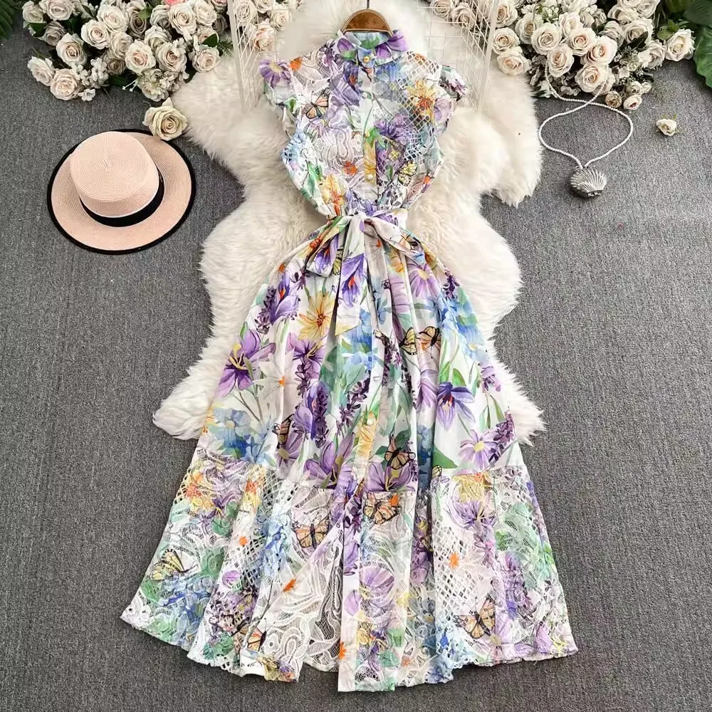 Runway Floral Long Dresses Women 2025 Summer Sleeveless Single Breasted Pearls Embroidery Lace Hollow Out Party Dress Evening