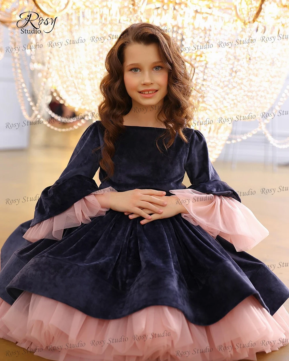 Warm Winter Christmas Kids Birthday Party Dress Scoop Velvet Flowers Girls Dresses 3/4 Sleeves Dance Dress for Child 2023