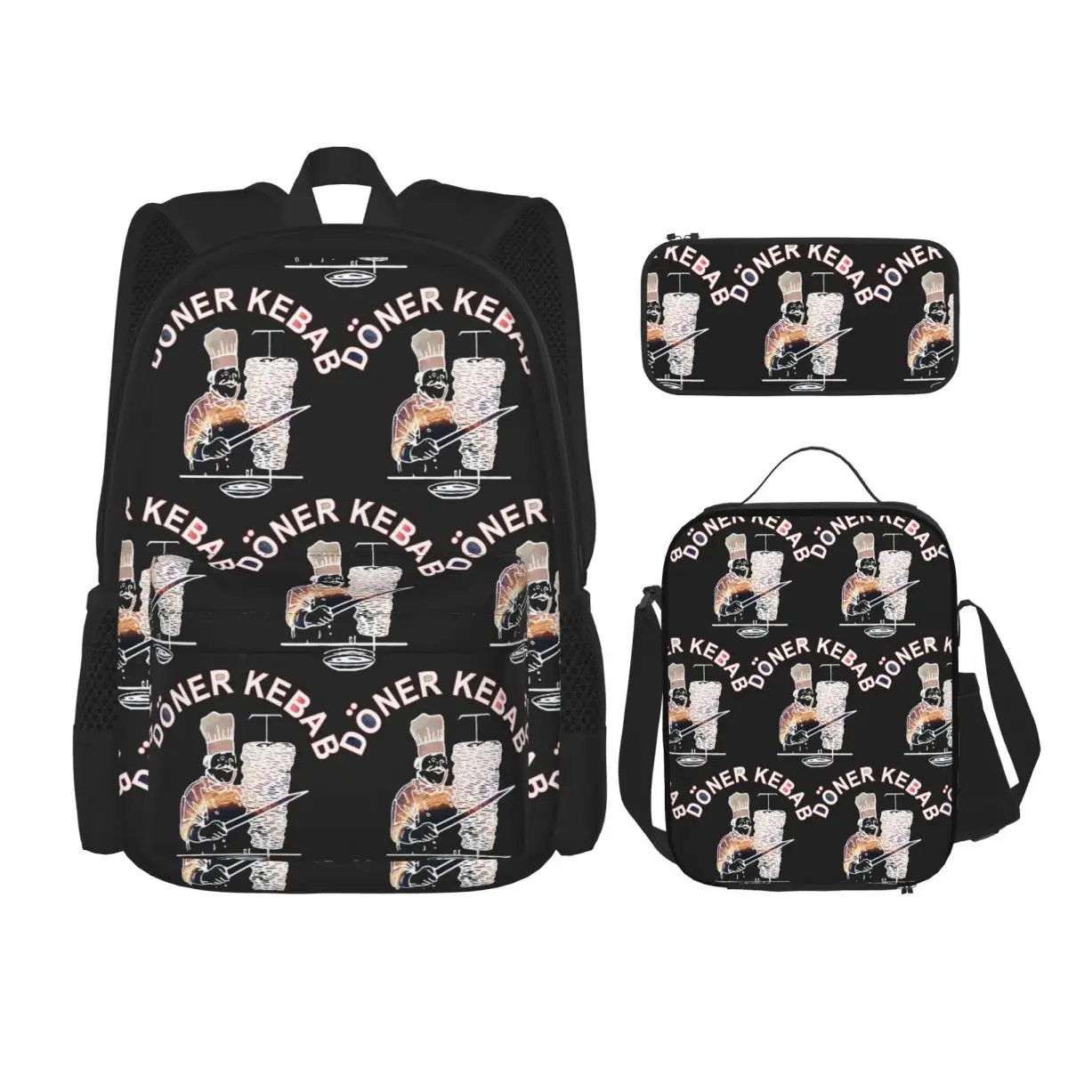 Funny Doner Kebab Cartoon Backpacks Boys Girls Bookbag Children School Bags Kids Rucksack Lunch Bag Pen Bag Three-Piece Set