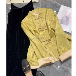 2025 new chinese fashion women national style disc buckle tang suit short coat long sleeve stand collar loose cheongsam top t001