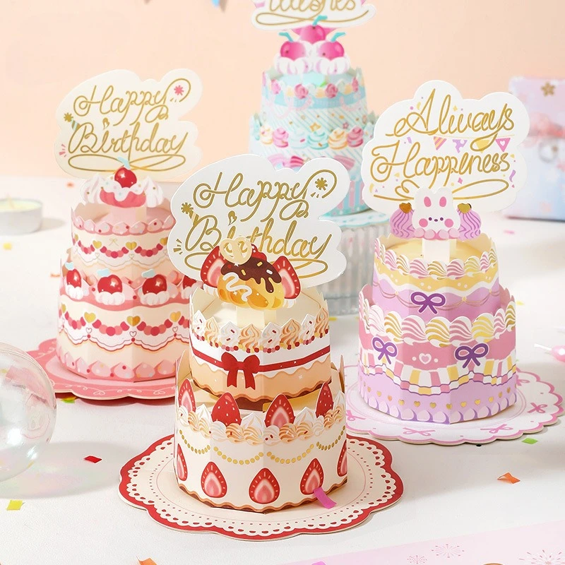 

3D Happy Birthday Cake Cards Creative Funny Greeting Card Birthday Party Message Cards Friends Gift for Kids