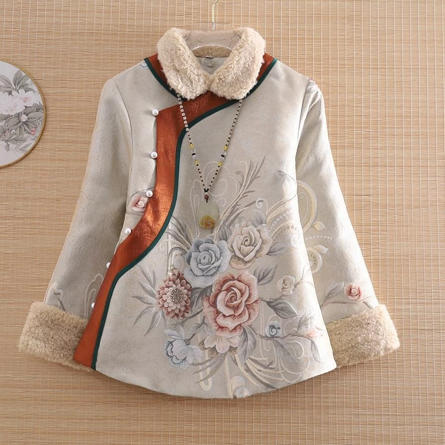 

2025 elegant literature art chinese qipao top thicken quilted warm ancient style coat retro printing temperament exquisite coat