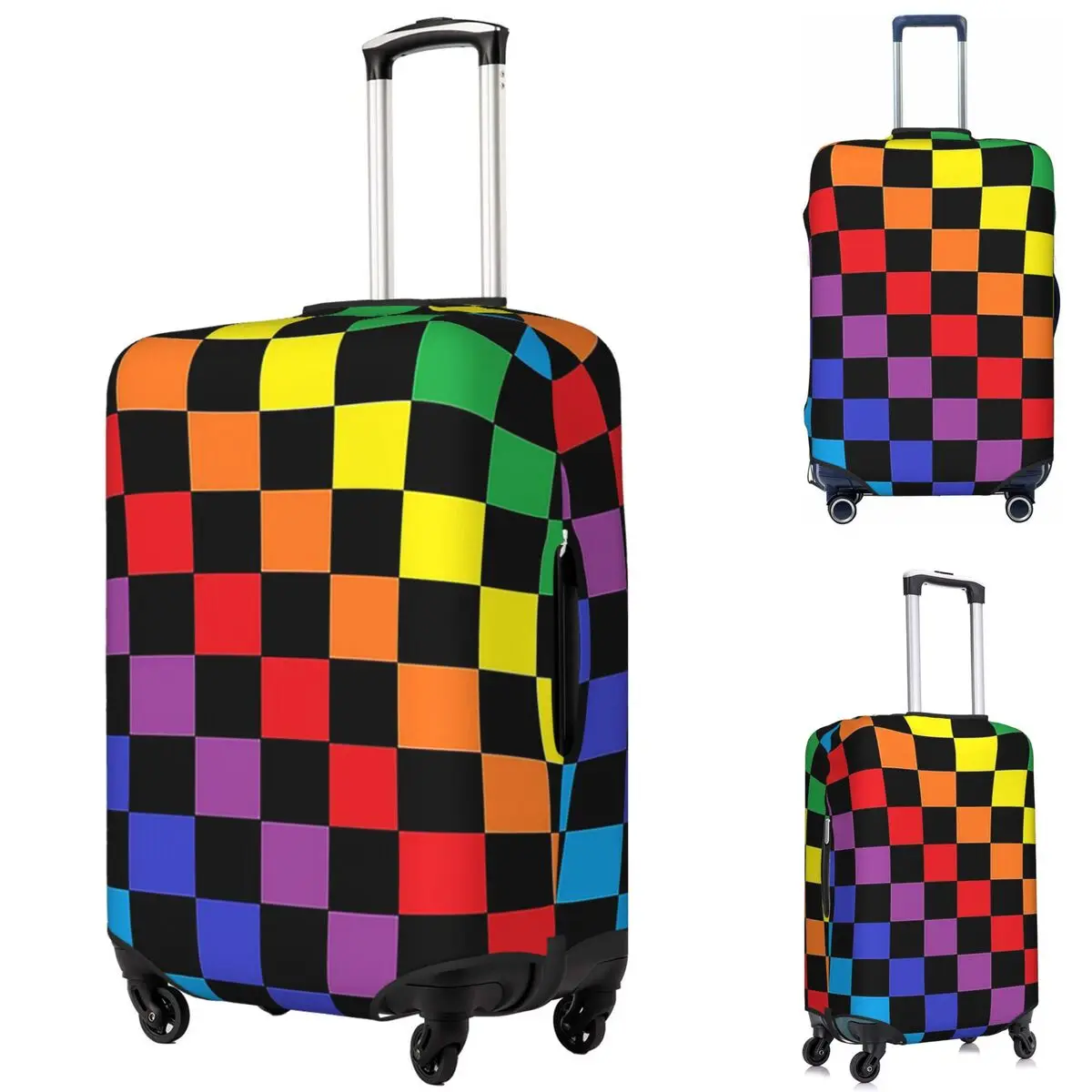 

Checkered Rainbow Black Suitcase Cover Protection Elastic Travel Luggage Protector Covers for 18-32 Inch