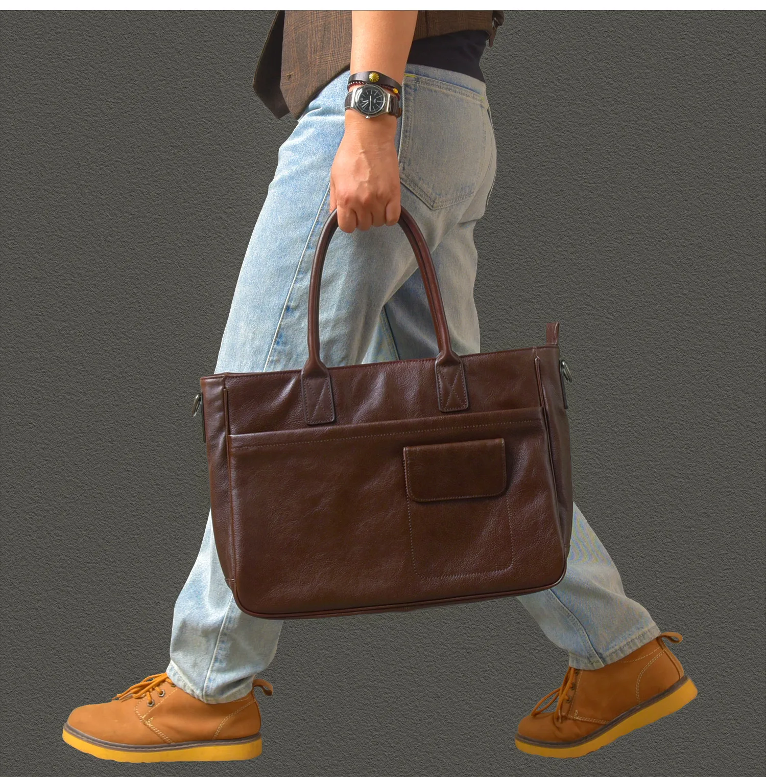 PNDME Vintage hochwertige Herren-Aktentasche aus Rindsleder der ersten Schicht, Business-Luxus-Handtasche aus echtem Leder, Messenger-Tasche – Detail 3