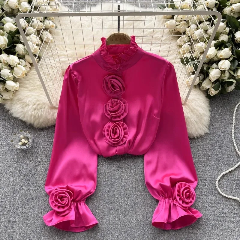 Half High Neck Stereo Flower Design Sense Women Clothing Shirts Light Luxury Vintage Puff Sleeve Blouses Single-breasted Blusas