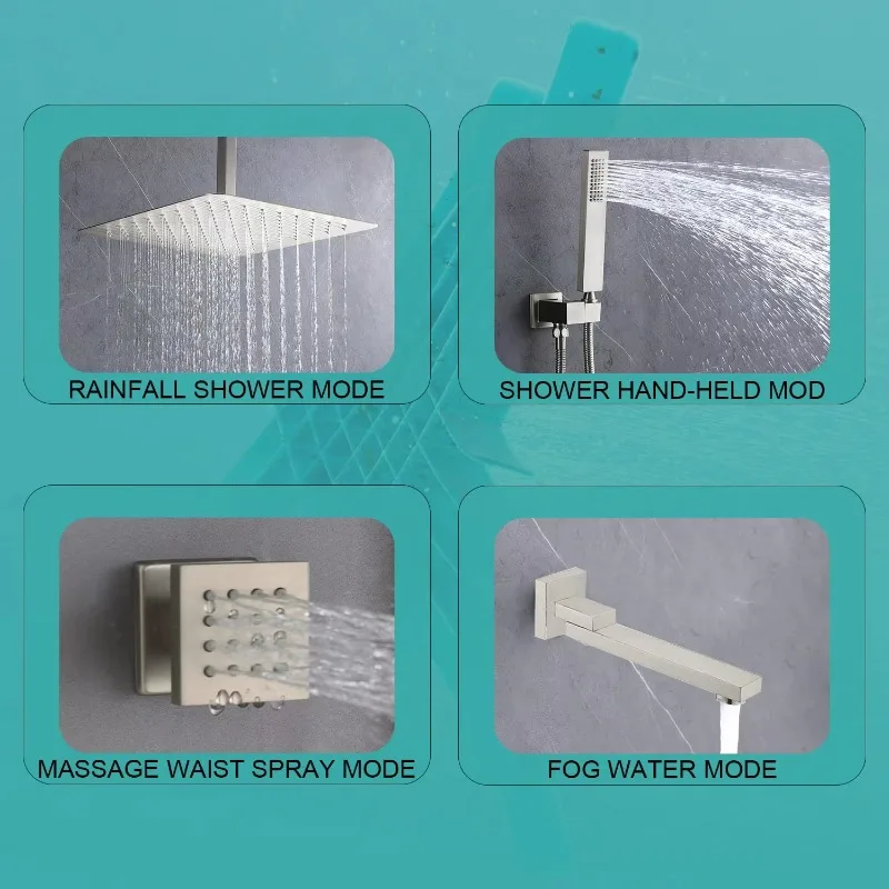 Zestaw prysznicowy deszczownica 16 cali, mosiężny, z dyszami natryskowymi, szczotkowane wykończenie, montaż sufitowy, do użytku hotelowego.