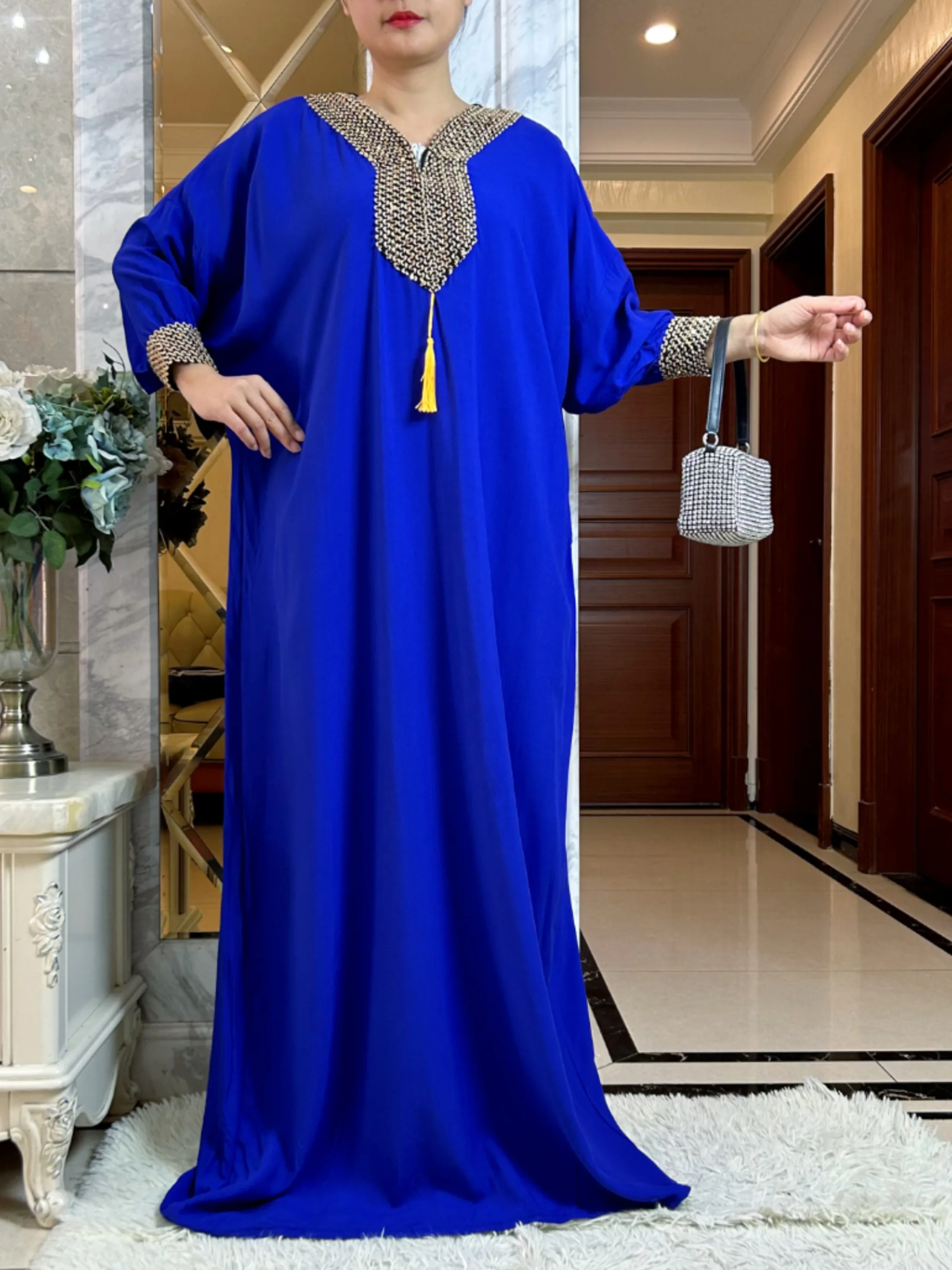 New Dubai Party Dress Muslim Femme  Long Sleeve Solid Color Cotton Fabric Loose Boubou Maxi Islam Women  African Abaya Clothing