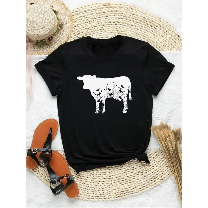 

Women's Floral Cow T-Shirt Black & White Graphic Farm Animal Tee Aesthetic Nature Lover Casual Summer Cotton Top Gift