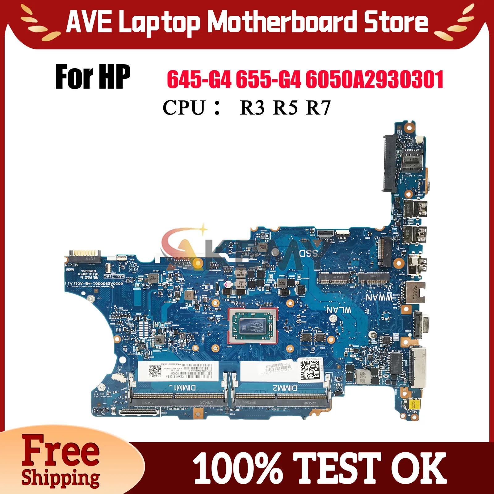 

6050A2930301 для HP ProBook 645 G4 655 G4, материнская плата для ноутбука L12801-601 L12800-601 с процессором R5-2500U R7-2700U, 100% полностью протестировано