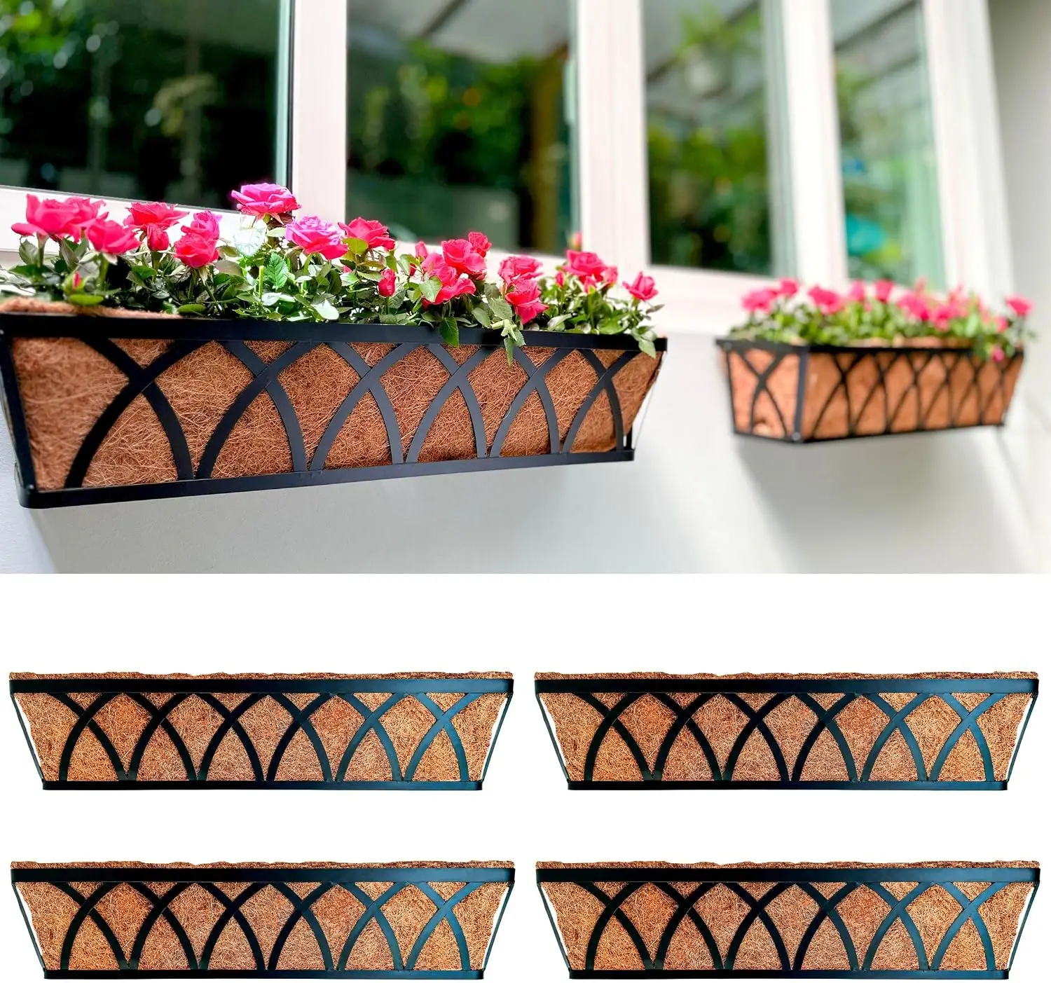 Set of 4 Black Metal Rectangular Hanging Window Planter Boxes 36 Inches, Rustic Wall & Railing Mount Plant Baskets with Coco Fiber Liners, Large Weather Resistant Flower Holders for Deck, Patio, Balcony and Fence Greenery