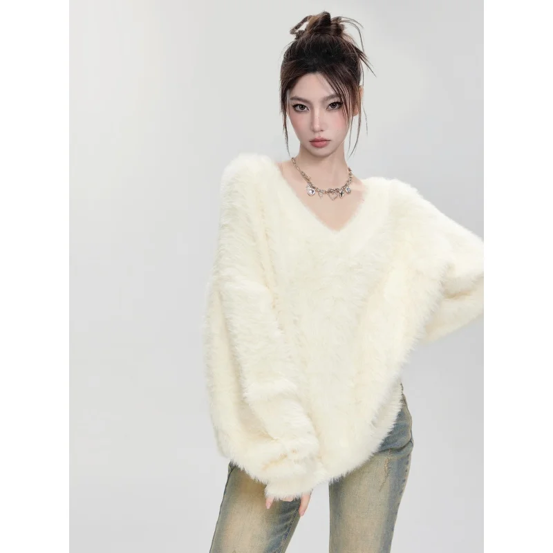 

Soft Plu Lazy Sle вязаный свитер средней длины V-Ne Long Sve осень-зима женский трикотаж из модной пряжи премиум-класса