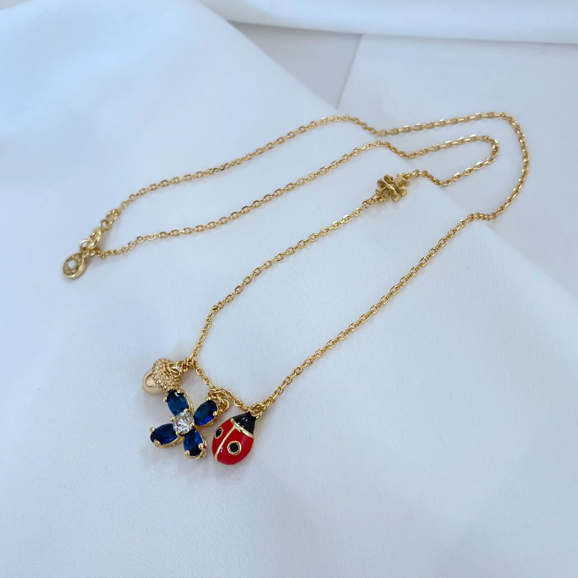 Fashion Commuting Simplicity Set with Blue Tear Water Drop Zircon Freshwater Pearl Flower Ladybug Earrings Necklace for Lady