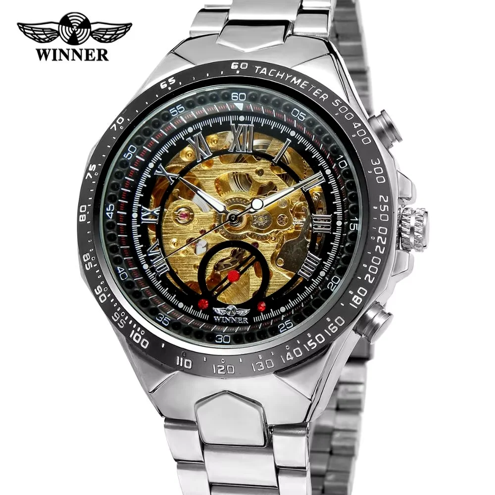 

T-WINNER WATCH black ang golden surface with Arabic and Roman Numerals silver steel band men's automanticl watch