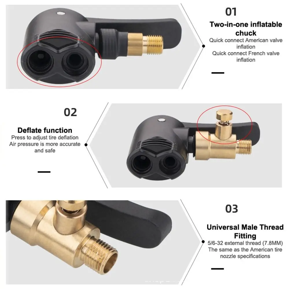 Schrader/Presta Valve Tire Air Pump Nozzle 2-in-1 Portable Tire Inflation Valve Adapter Deflated Tire Inflator Chuck