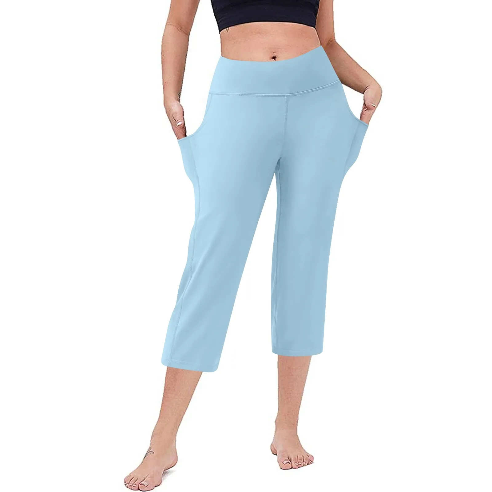 

Solid Color Elastic High Waist Fashion Soft Sports 3/4 Pants Casual Active Fit Wide Capris Leg Trousers With Pockets For Ladies