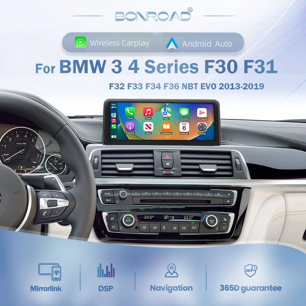 Autoradio sans fil BONROAD Carplay 10,25 pouces pour BMW Série 3 4 F30 F31 F32 F33 F34 F36 Système NBT EVO 2013-2019, Lecteur multimédia vidéo pour voiture Android Auto sans fil Linux avec RDS WIFI GPS MirrorLink Autolink DSP