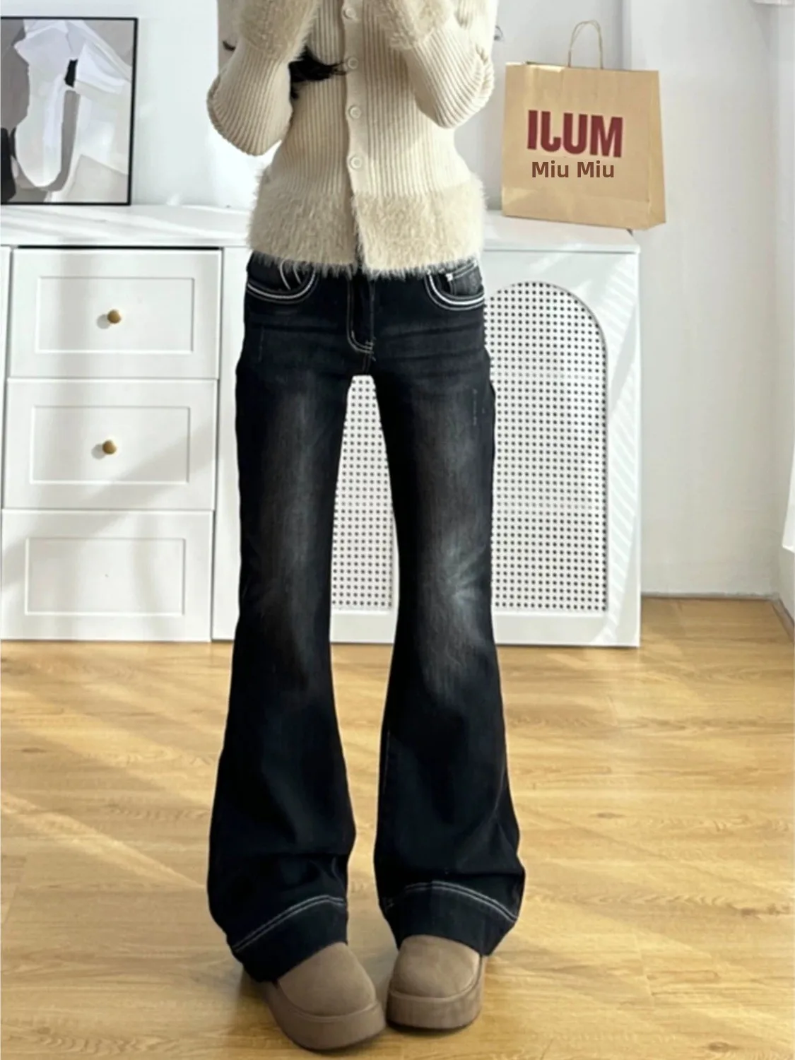 Retro American Grey Black Denim Jeans Women's Autumn New Large Size Fat MM Slim Hiding Hip Bell Bottoms Natural Waist