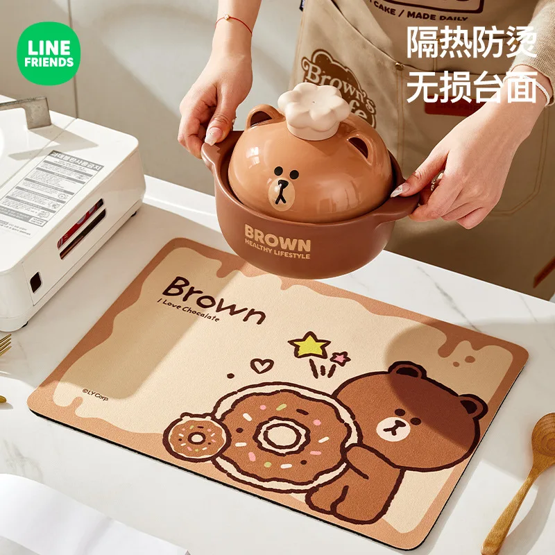 LINE FRIENDS Brown Cony Cartoon Diatom Mud Meal Mat Anime Kawaii Kitchen Drain Bowl Plate Insulation Desktop Water Absorbing Mat