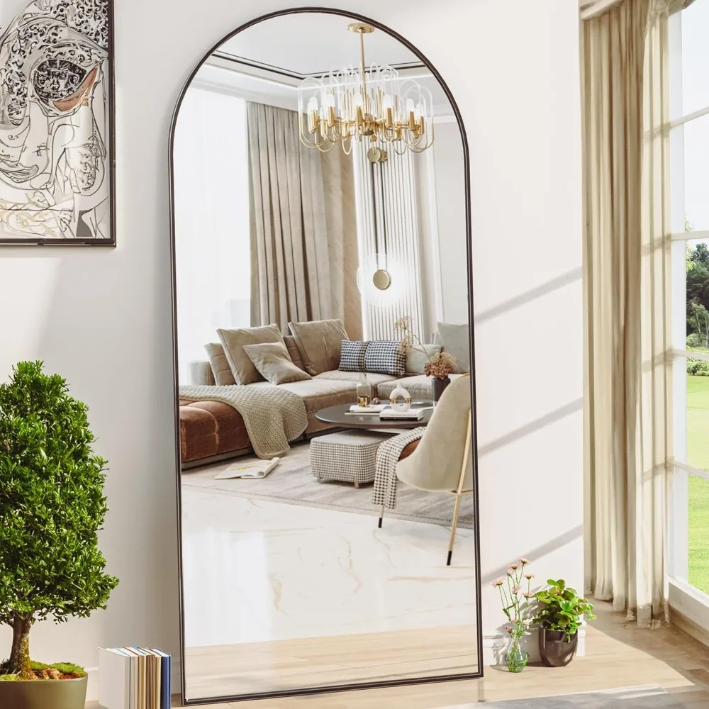 76"x34" Black Arched Floor Mirror,With meta l bracket,easy to assemble  Wall Mounted Mirror for Bedroom Living Room