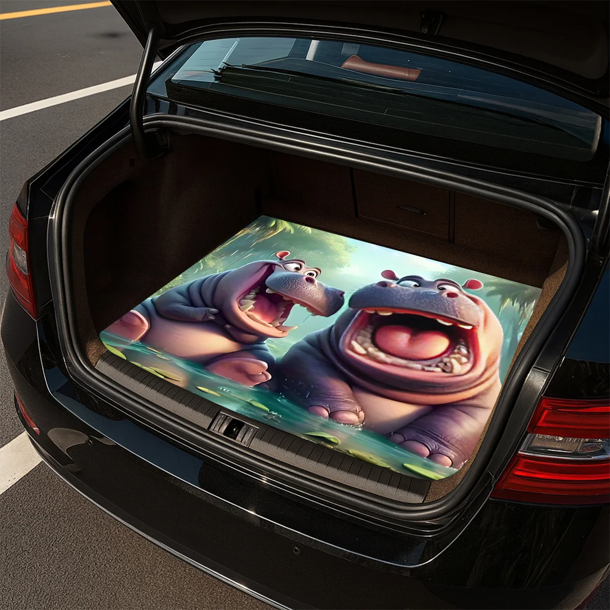 1pc, Anti-Slip Fashion Car Trunk Mat, Cartoon Hippo Mother And Son Fun Pattern Design - Durable Polyester Material, Keeps Trunk