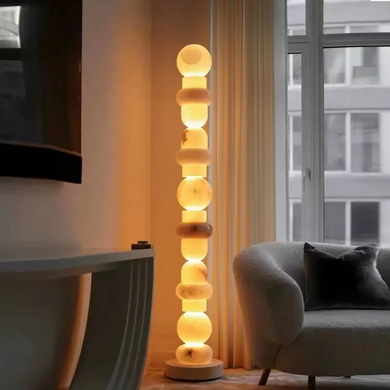 Spanish Natural Marble Floor Lamp Placed Beside The Sofa Living Room Stacked Sugar Cane Sticks Lampshade Floor Lamp  Living Room