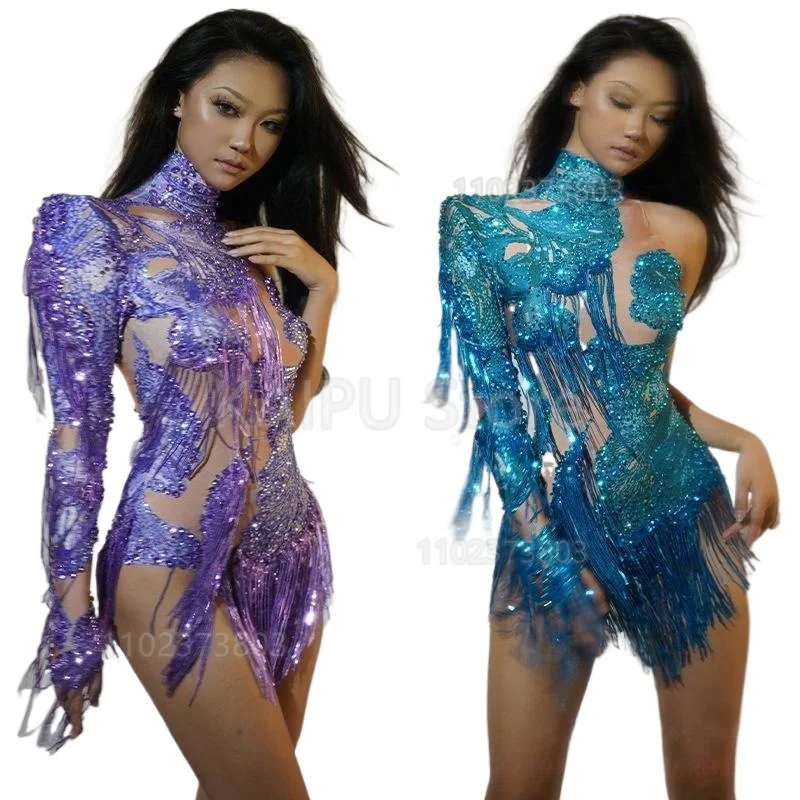 One Sleeve Tassel Purple Halloween Costume Women's Modern Stage Show Talent Show Costume Cheerleader Costume