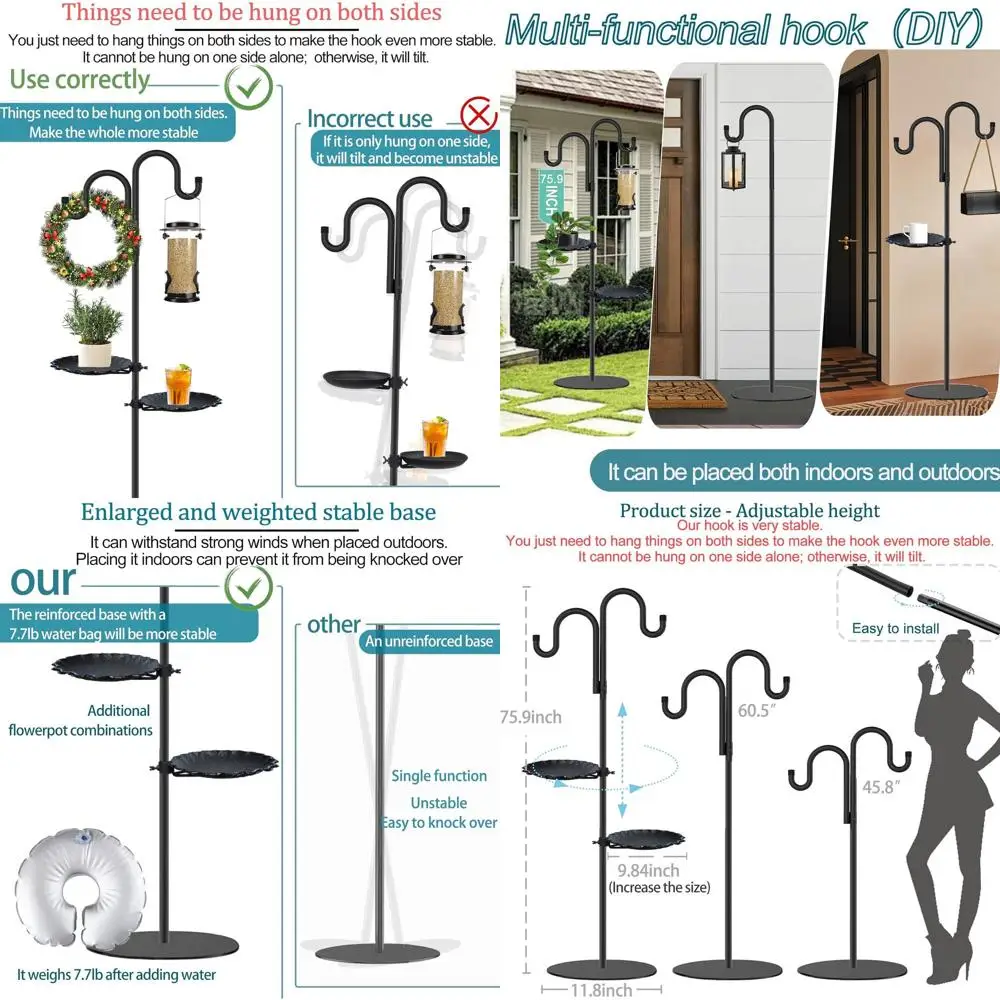 

74 Adjustable Outdoor Shepherd's Hook Stand with Bird Feeder, Wind Chime, and Waterproof Metal Pole Holder for Lanterns and Wrea
