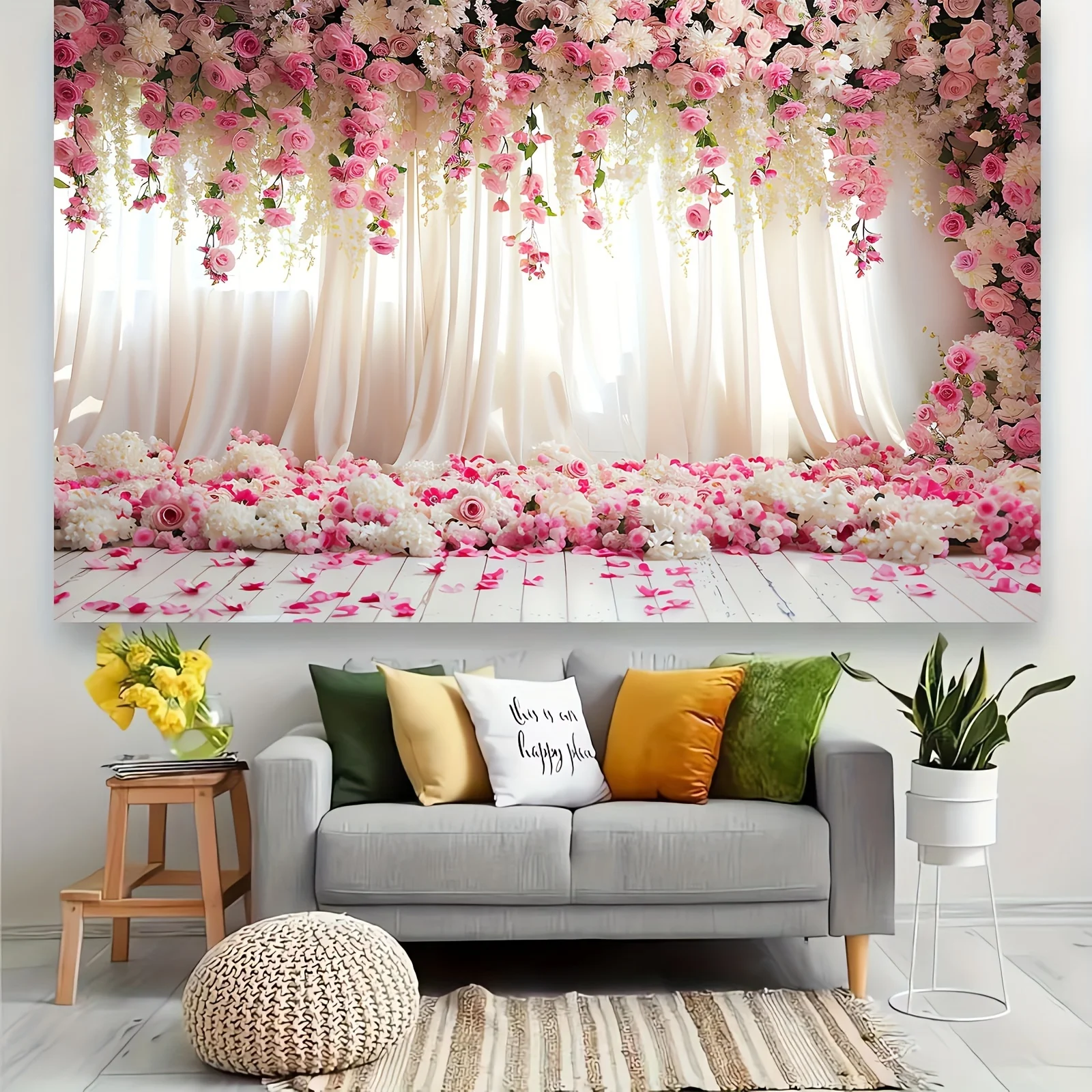 Pink Flower Photography Background - Wedding Flower Background, Birthday Banner, Party Supplies Decoration