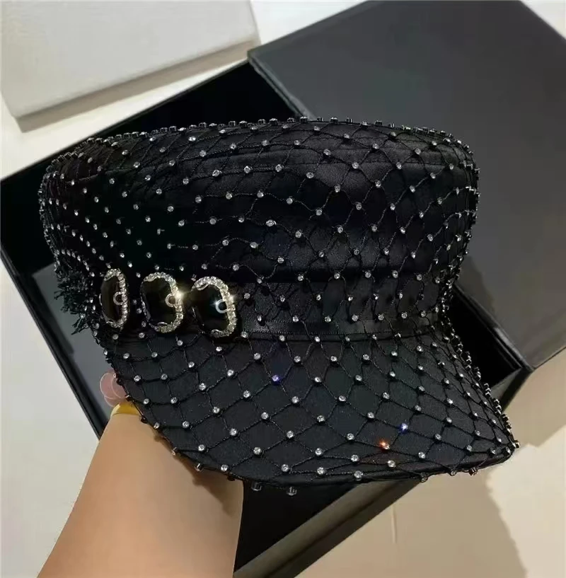 202406 chic autumn Fashion mesh full of stars drill lady hat women Octagonal visors cap