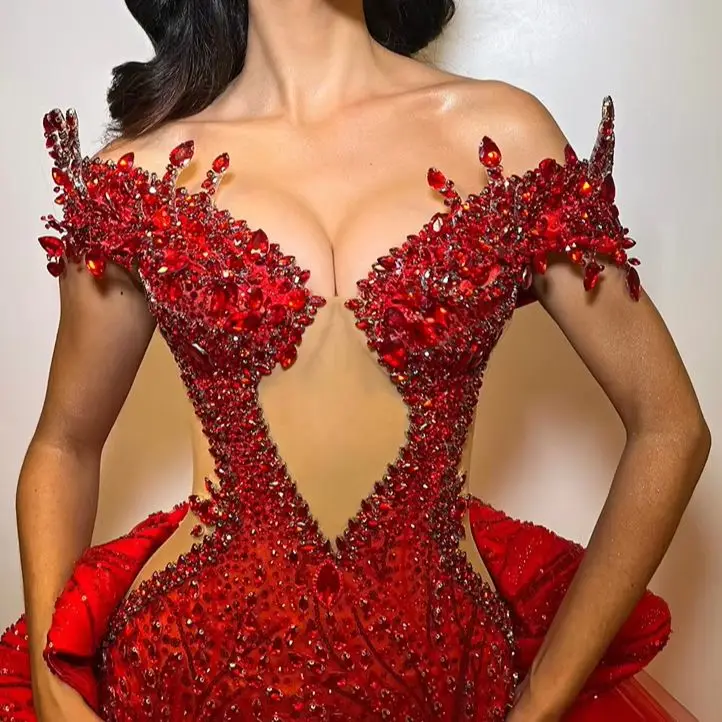 Sexy Illusion Red Beaded Evening Dresses With Detachable Skirt Customized Arabic Off Shoulder Cocktail Party Gowns Prom Dress
