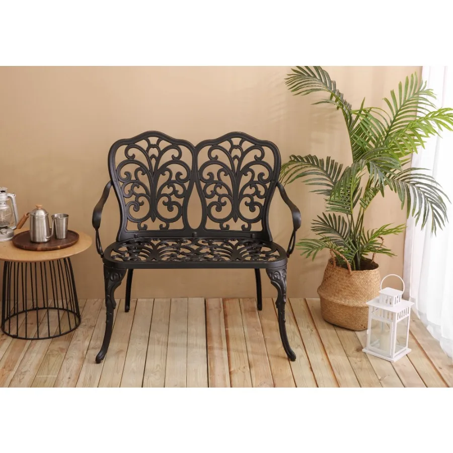 

Patio Garden Bench Metal Park Bench Cast Aluminum Outdoor Furniture with Floral Rose for Patio Park Lawn Yard Black