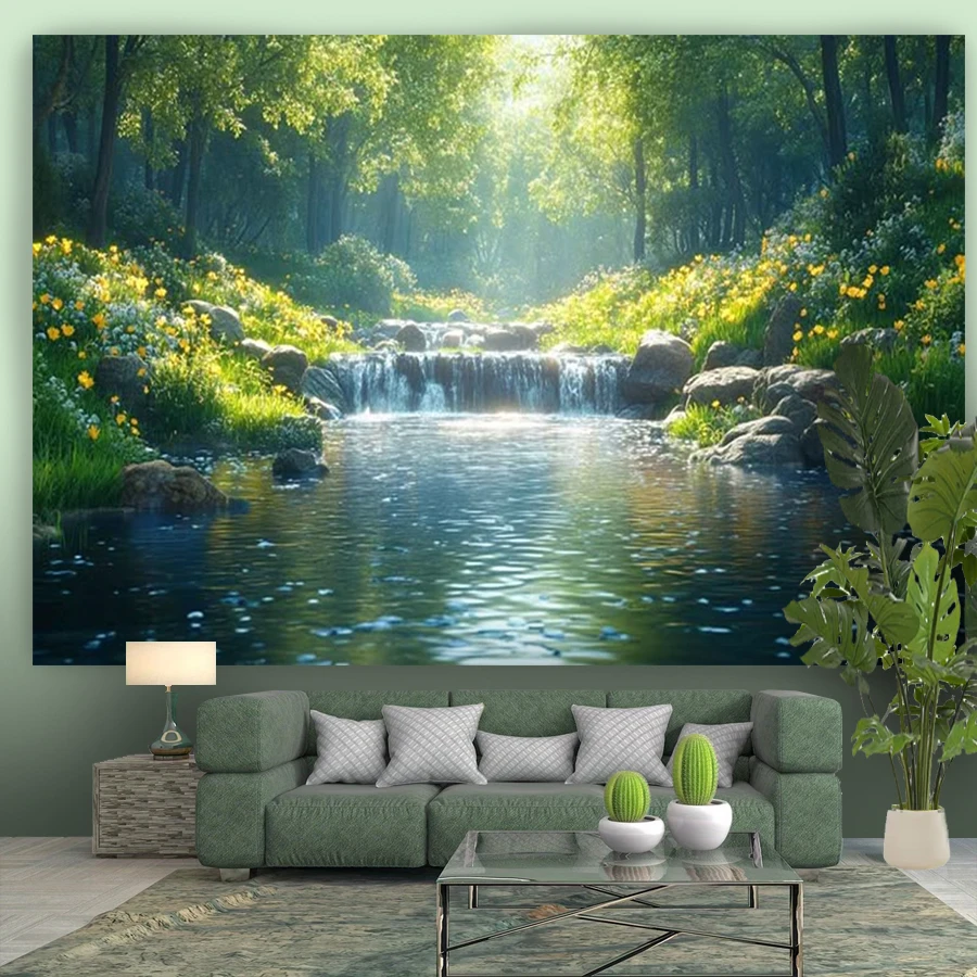 1PC Green Forest Waterfall Art Print Backdrop Banner, Bedroom Living Room Photo Background, Polyester, Home Decor, Wall Art