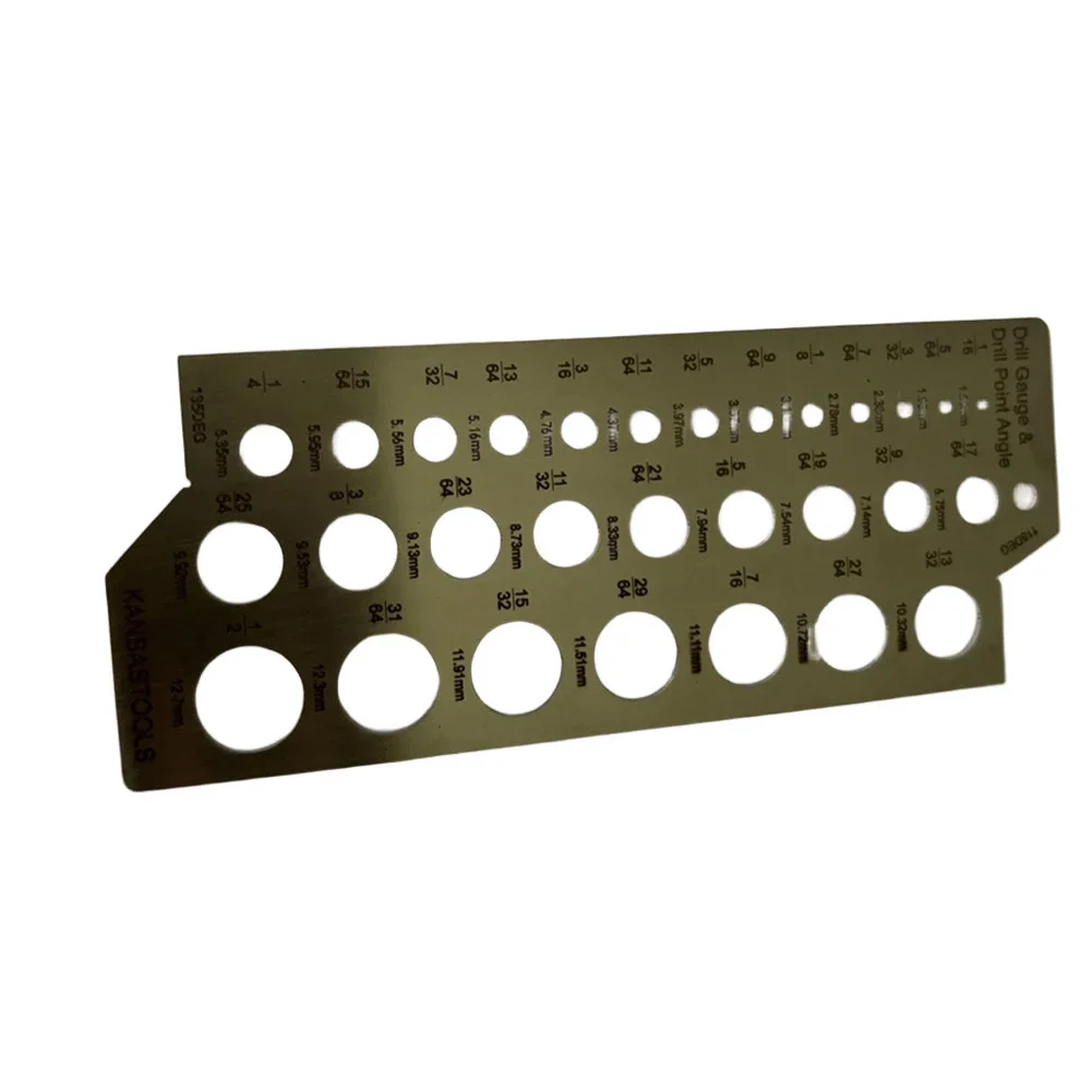 Stainless steel drill gauge with 30 etched holes for measuring drill bits and checking 135 and 118 degree angles