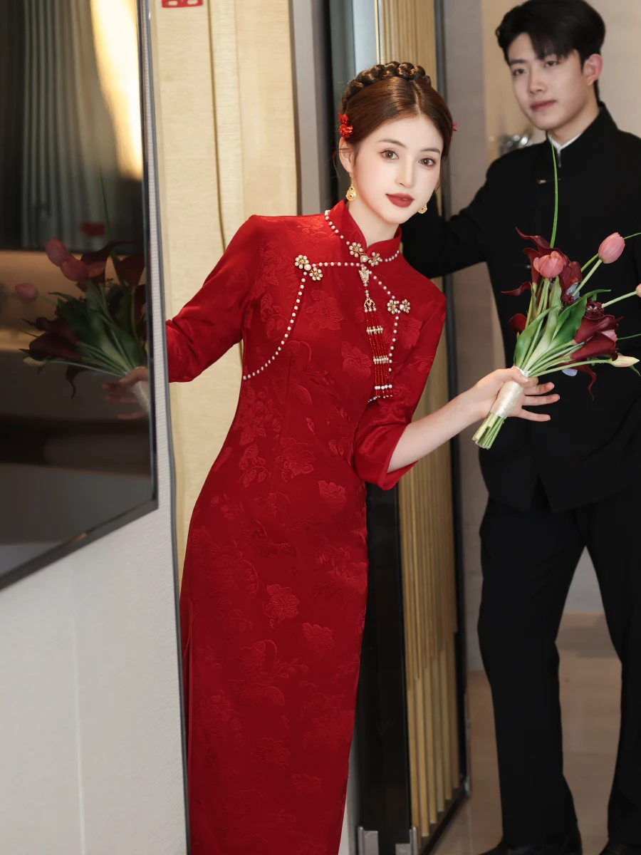 

Red Engagement Dr New Chinese Sle Wedding Ceremony Robe Women's Casual Wear Vintage Long Gown