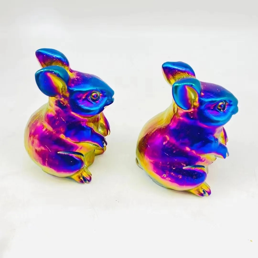 70mm Rabbit Statue Electroplate Natural Stone Animal Hare Figurine Crystal Reiki Healing Craft Sculpture Kitchen Home Decoration