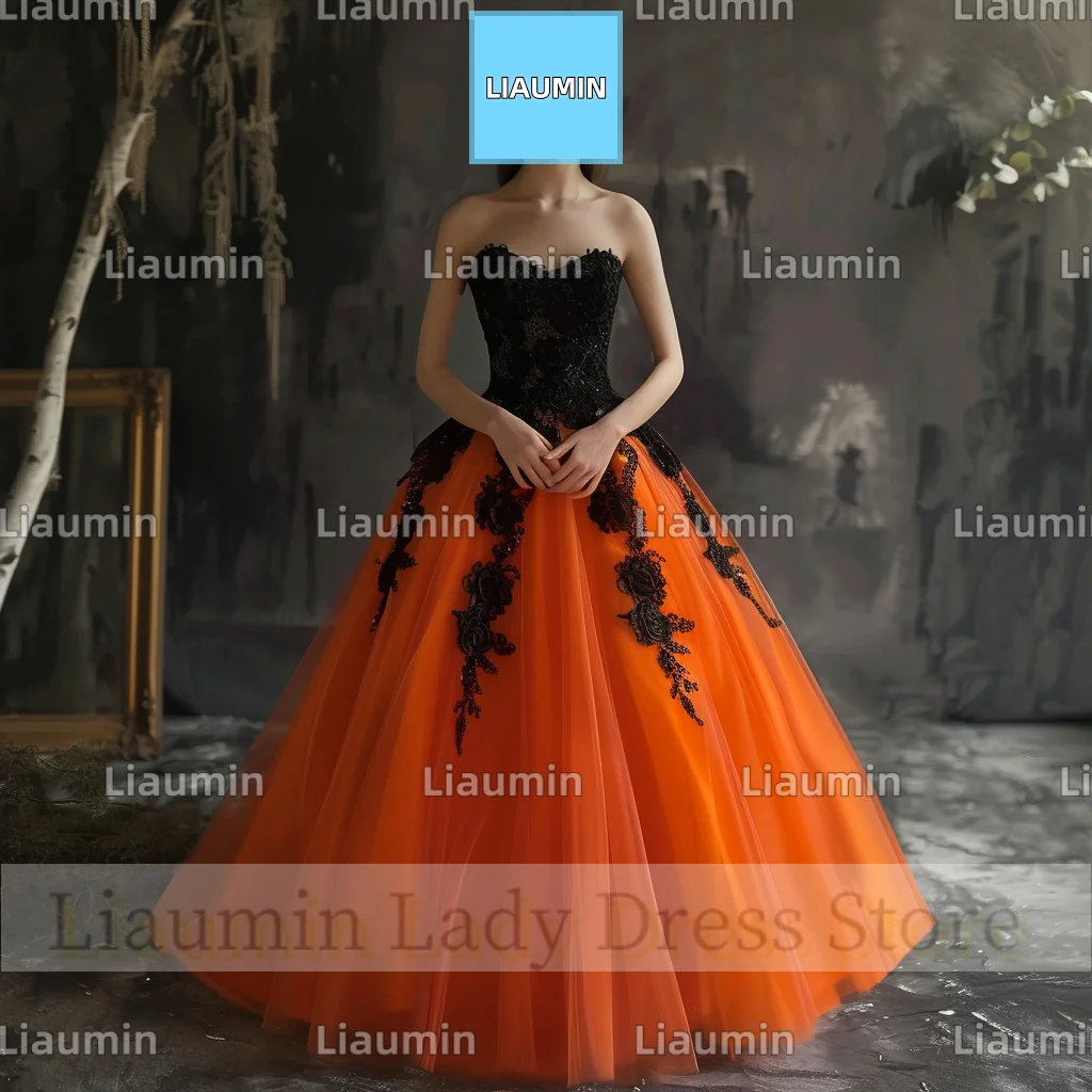 Modern Style Classic Orange Tulle Black Lace Applique Strapless Prom Formal Dresses Evening Clothing Lace Up Back Custom A4-10.6