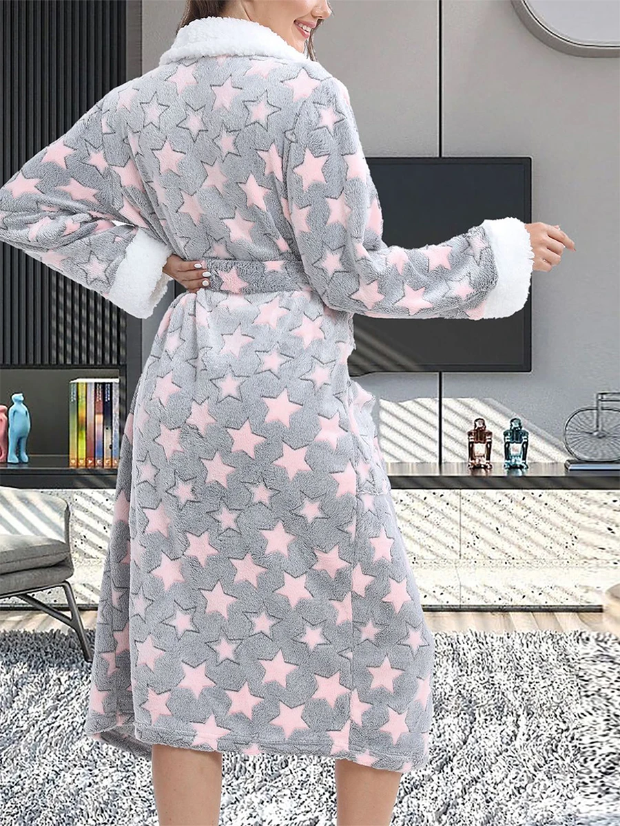 Women Shawl Collar Flannel Robes Plush Fall Winter Thick Long Sleeve Robes Soft Warm Spa Bathrobes Loungewear Travel Hotel