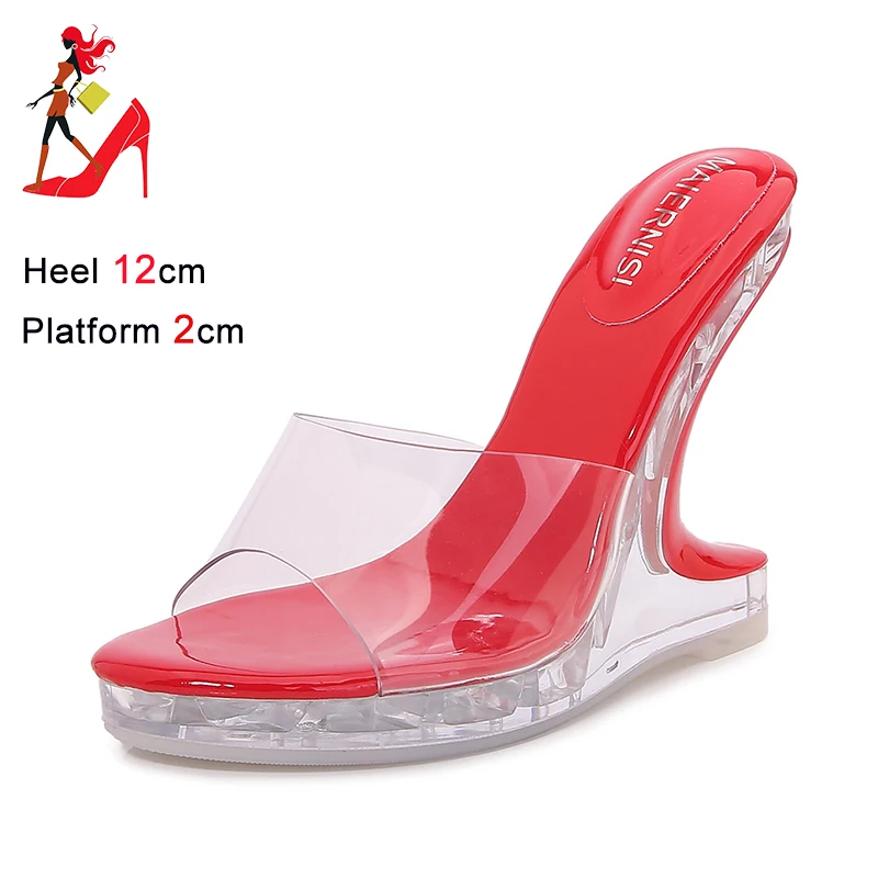 Women Summer Transparent Heel Slipper Platform High Heels 2024 New Outdoors Perspex Shoes 12CM Strange Style PVC Crystal Sandals