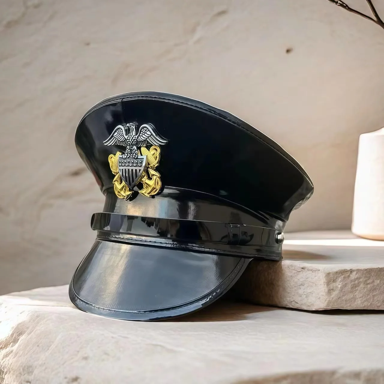 HongLuan レーザーレザーキャプテンハット ラインストーン＆ミリタリーキャップ 女性用、レイブフェスティバルアクセサリー＆パーティーキャップ 男性コスプレ用