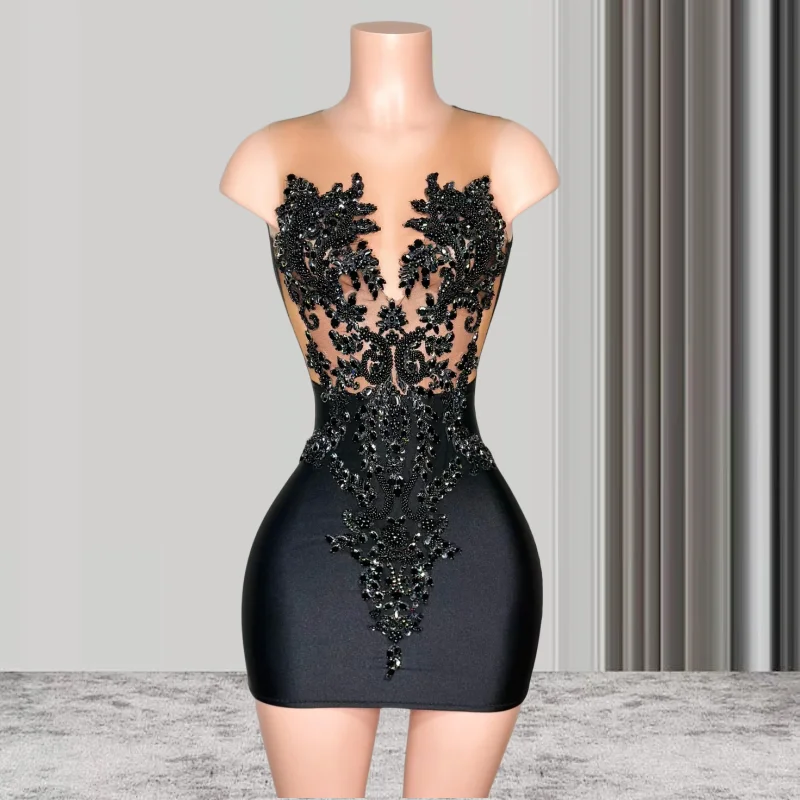 See Through Sheer African Cocktail Dresses Beaded Birthday Party Gown Silver Short Black Girl Prom Dresses Homecoming Customized
