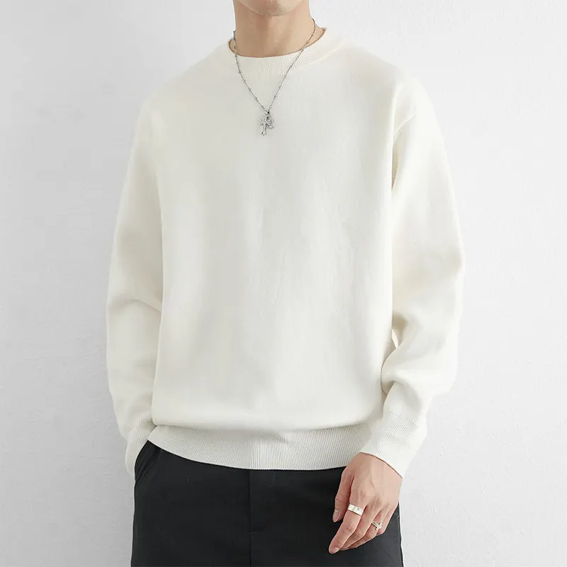 

Slim Fit Long Sve round Ne Knitted Sweater for Men Casual Versatile White Pure Color Autumn Winter Base Layer Knitwear