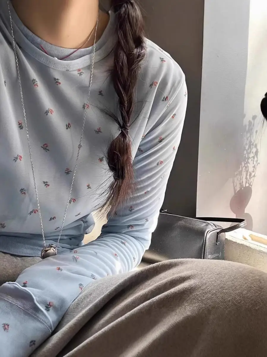 

Korean Style Long Sleeve Mesh Base Shirt Women's Floral Print Transparent Design Wooden Ruffle Layering Sun Protection Top