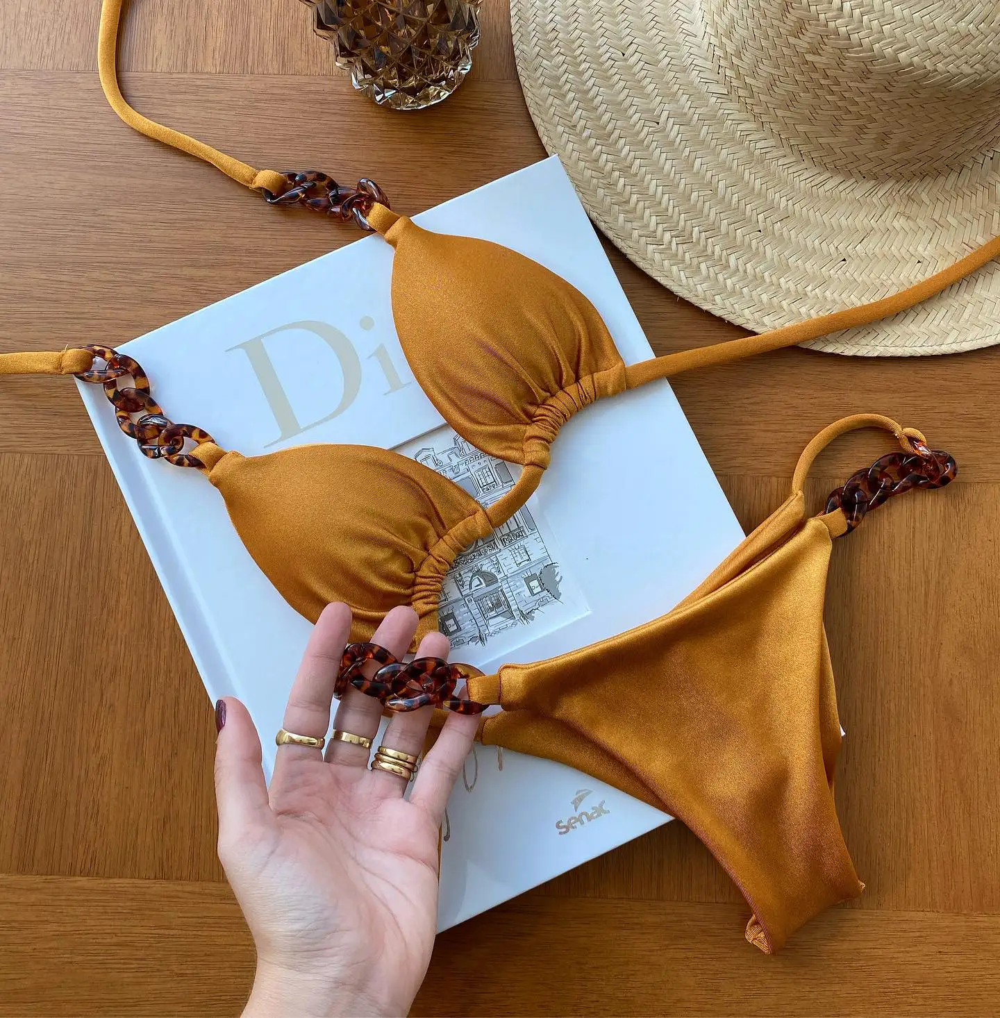 2025 New Sexy Orange Bikini Set with Pleated Design and Gold Rings - Adjustable Straps, Perfect for Beach Wear and Pool Parties